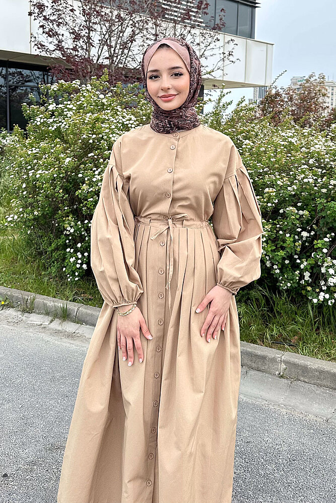 Düğmeli Bel Büzgülü Elbise - Camel - LİNE (1)