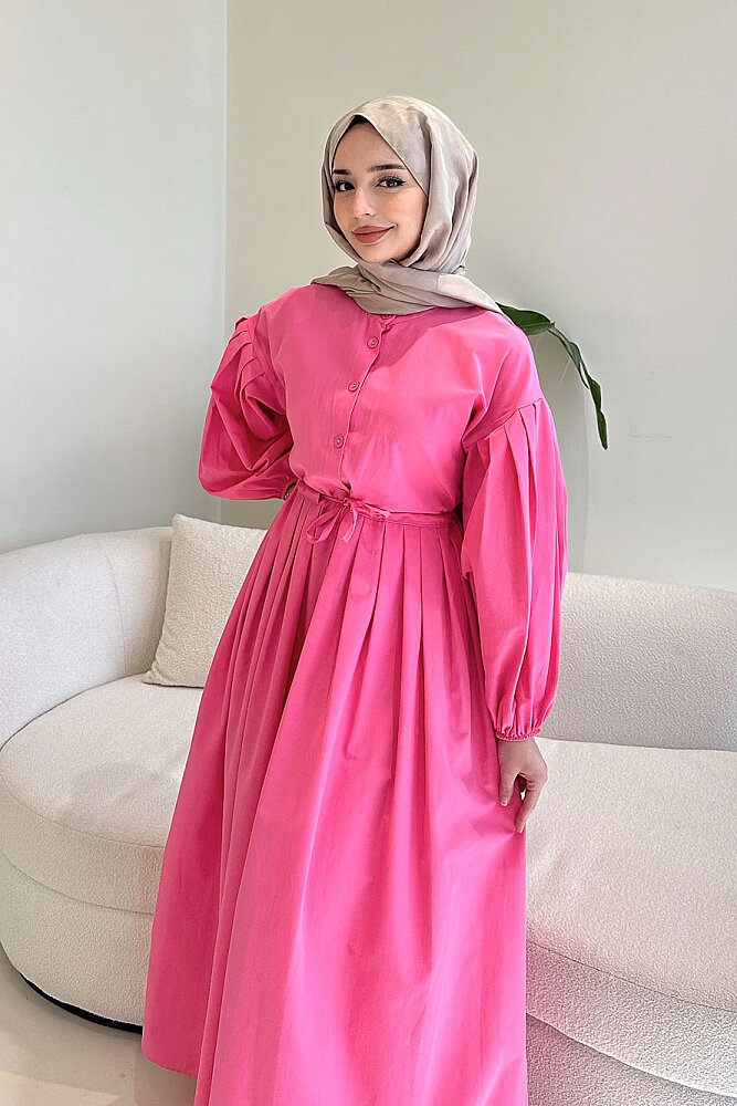 Düğmeli Bel Büzgülü Elbise - Fuşya - 6
