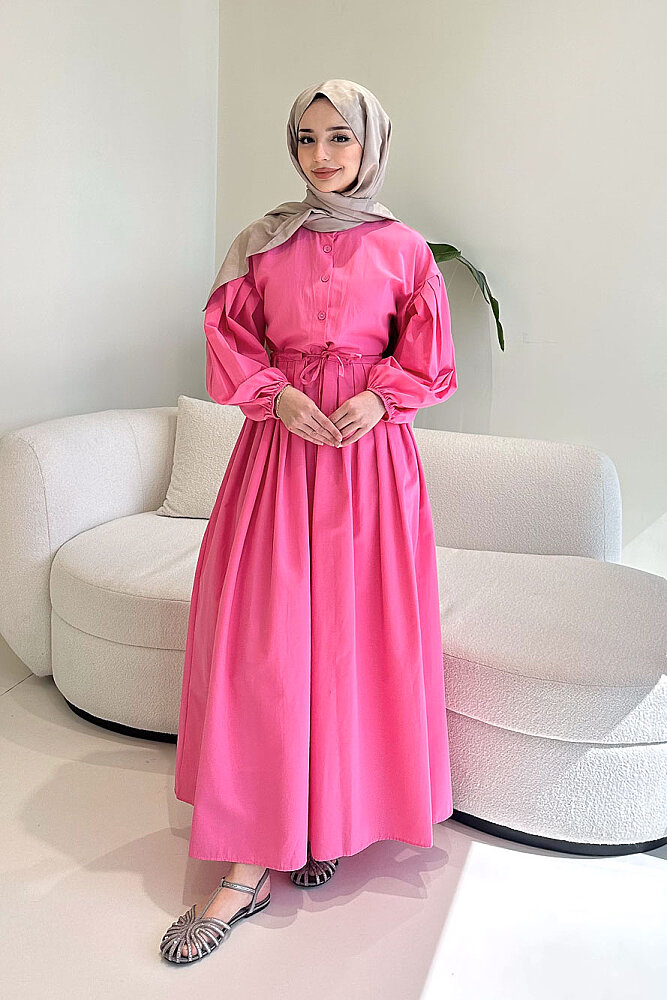 Düğmeli Bel Büzgülü Elbise - Fuşya - 5