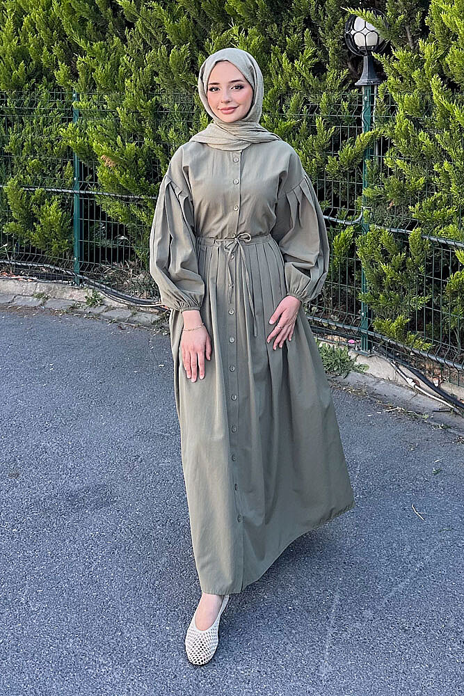 Düğmeli Bel Büzgülü Elbise - Haki - 5