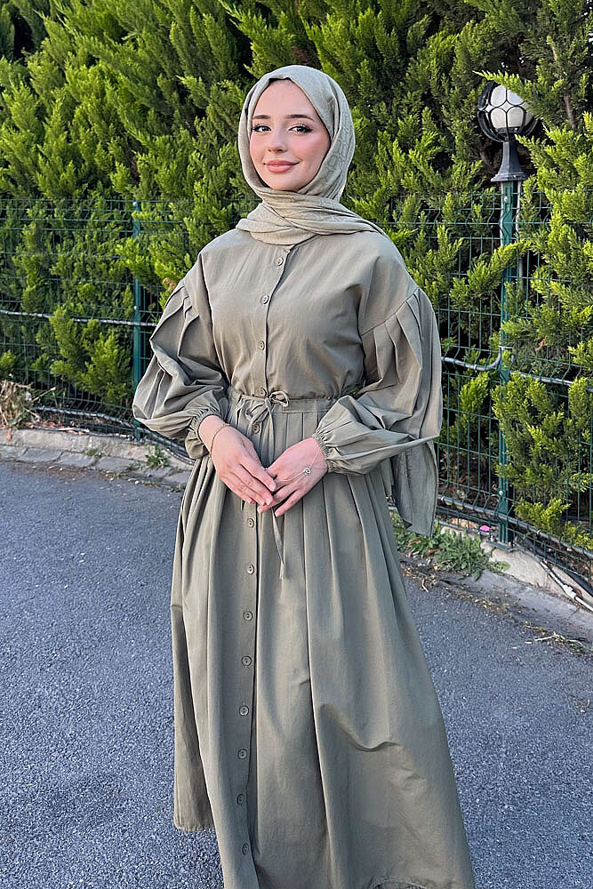 Düğmeli Bel Büzgülü Elbise - Haki - LİNE (1)