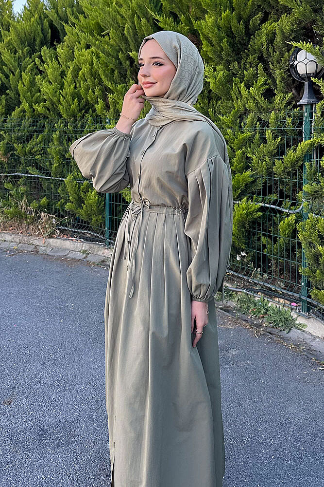 Düğmeli Bel Büzgülü Elbise - Haki - 4