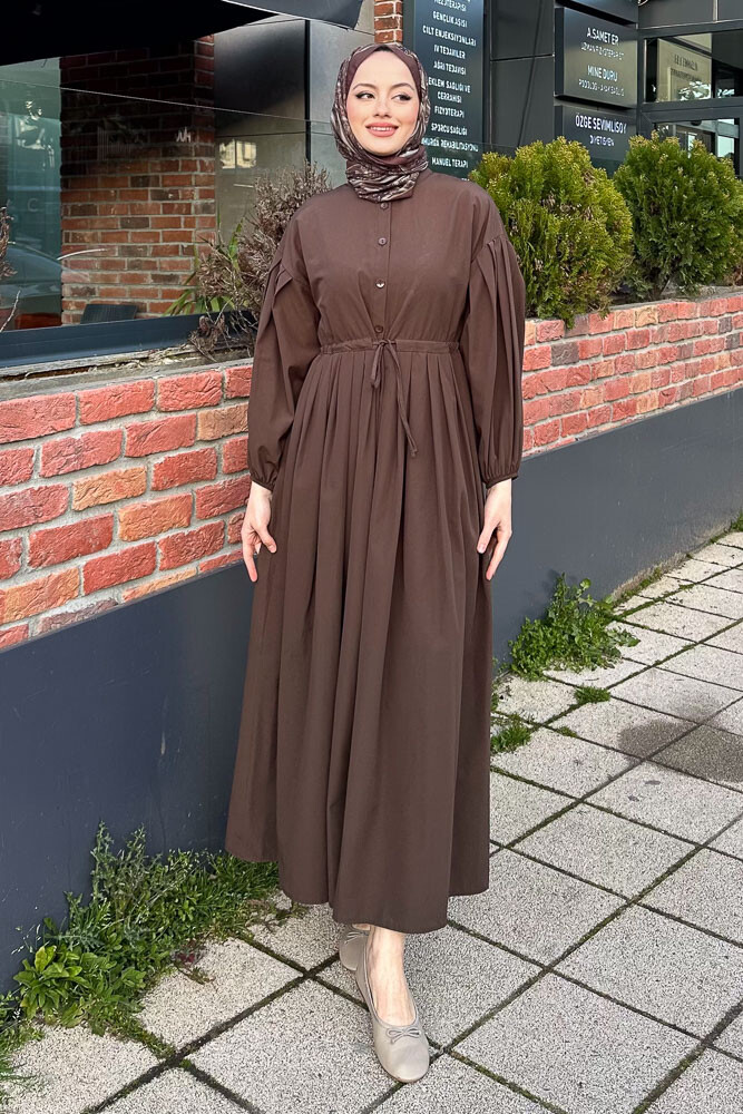 Düğmeli Bel Büzgülü Elbise - Kahverengi - 4