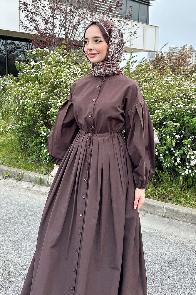 Düğmeli Bel Büzgülü Elbise - Kahverengi - 5