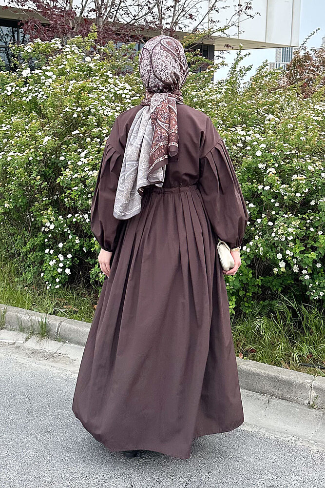 Düğmeli Bel Büzgülü Elbise - Kahverengi - 6