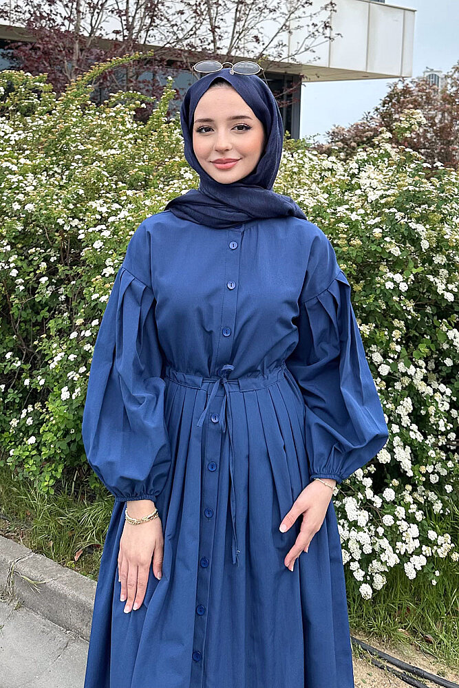 Düğmeli Bel Büzgülü Elbise - Lacivert - LİNE (1)