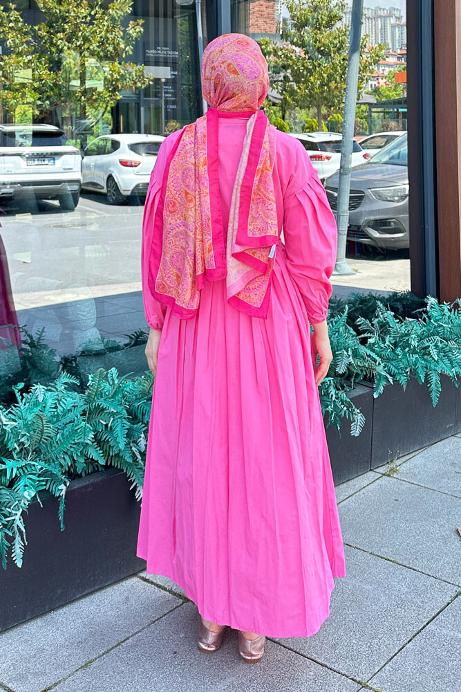 Düğmeli Bel Büzgülü Elbise - Pembe - 8