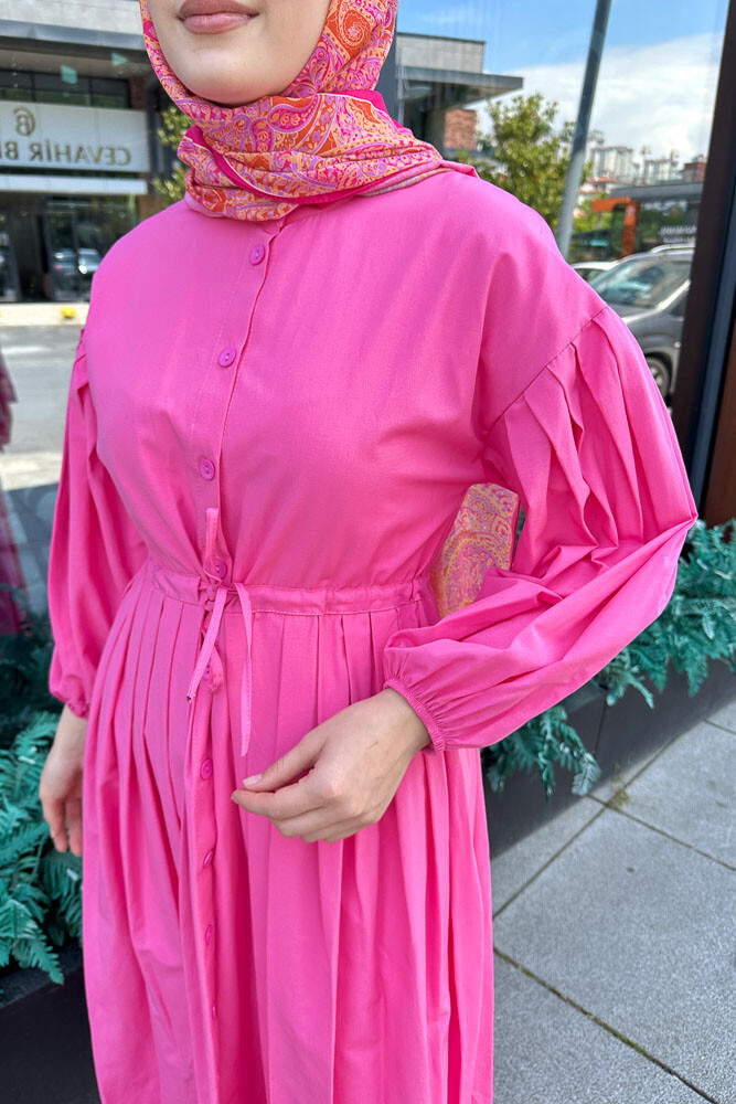 Düğmeli Bel Büzgülü Elbise - Pembe - 7