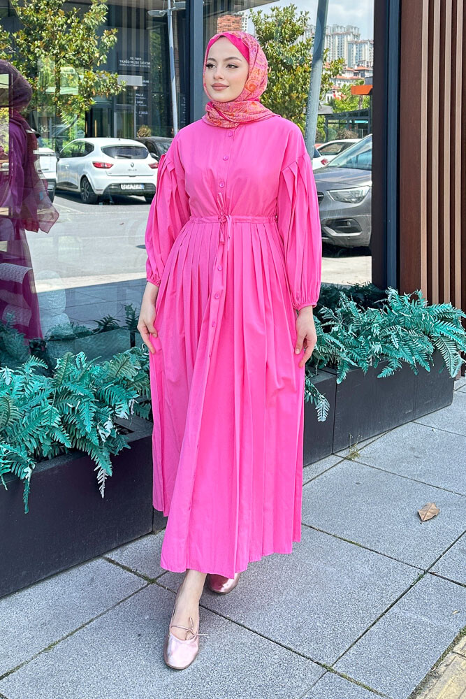 Düğmeli Bel Büzgülü Elbise - Pembe - 2