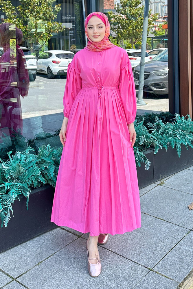 Düğmeli Bel Büzgülü Elbise - Pembe - 4