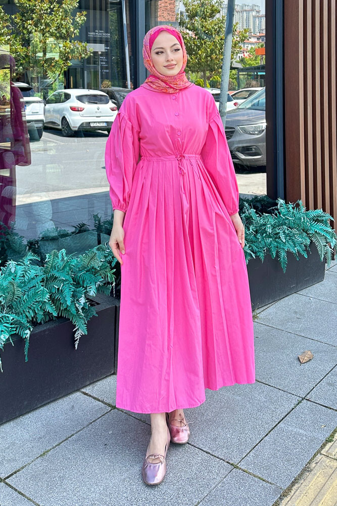Düğmeli Bel Büzgülü Elbise - Pembe - 1
