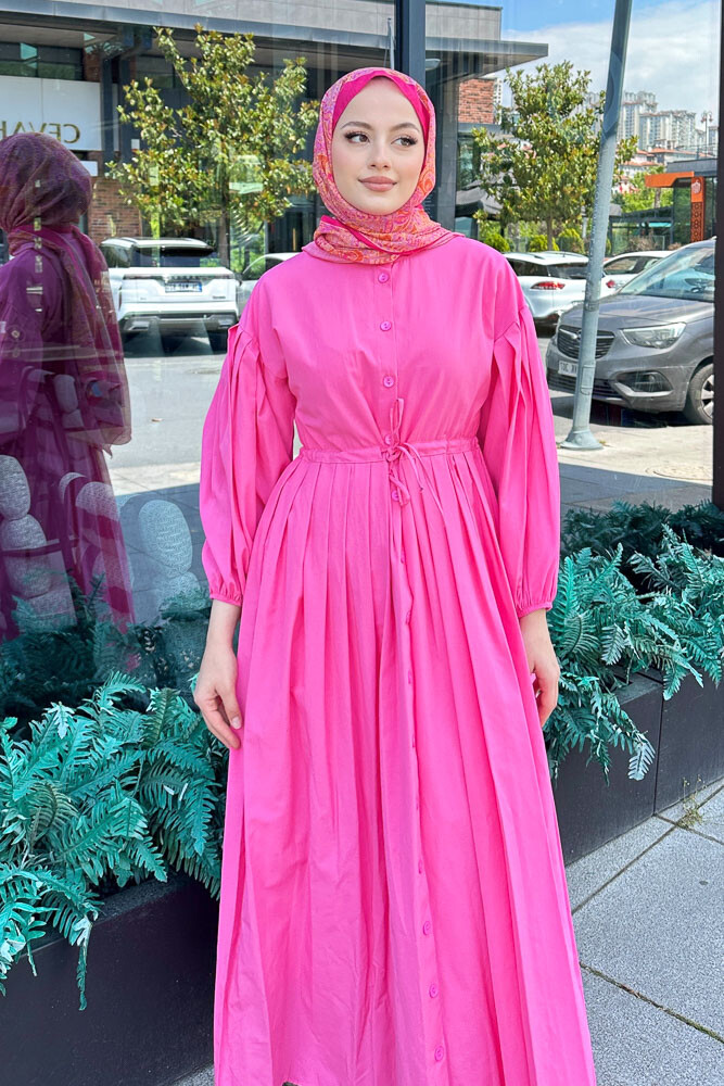 Düğmeli Bel Büzgülü Elbise - Pembe - 3