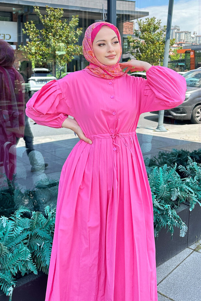 Düğmeli Bel Büzgülü Elbise - Pembe - 5