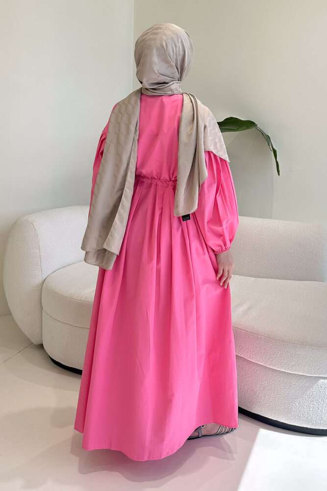 Düğmeli Bel Büzgülü Elbise - Pembe - 7