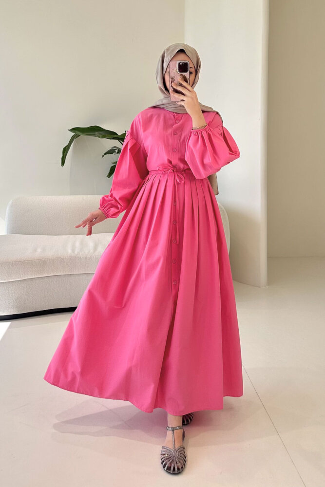 Düğmeli Bel Büzgülü Elbise - Pembe - 1