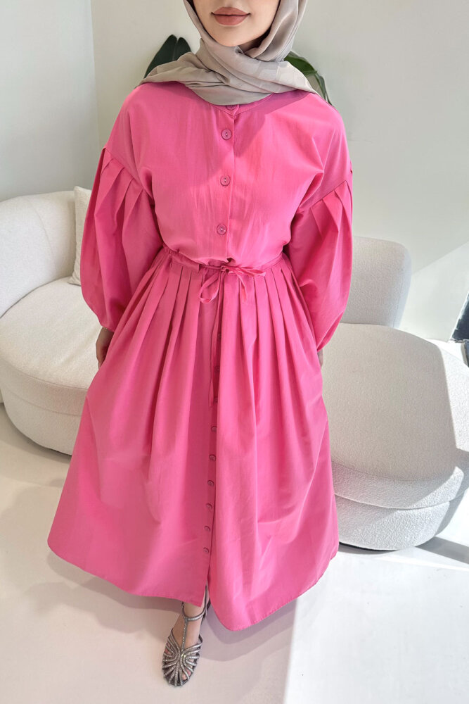 Düğmeli Bel Büzgülü Elbise - Pembe - 6
