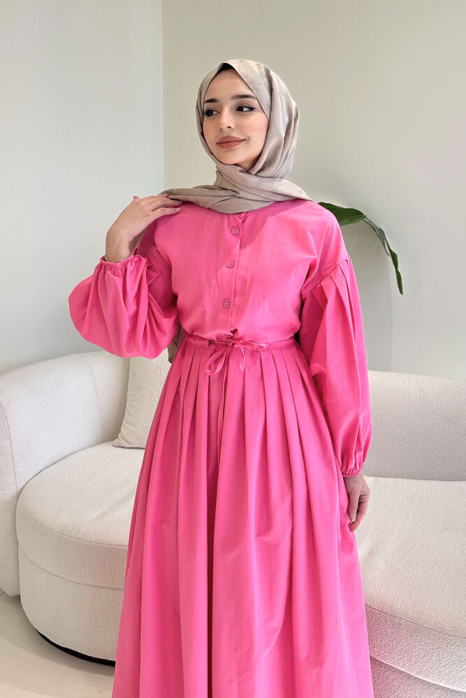 Düğmeli Bel Büzgülü Elbise - Pembe - 5