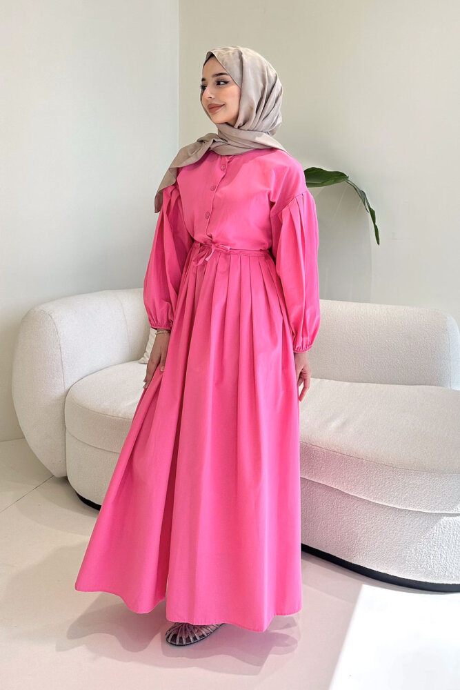 Düğmeli Bel Büzgülü Elbise - Pembe - 4