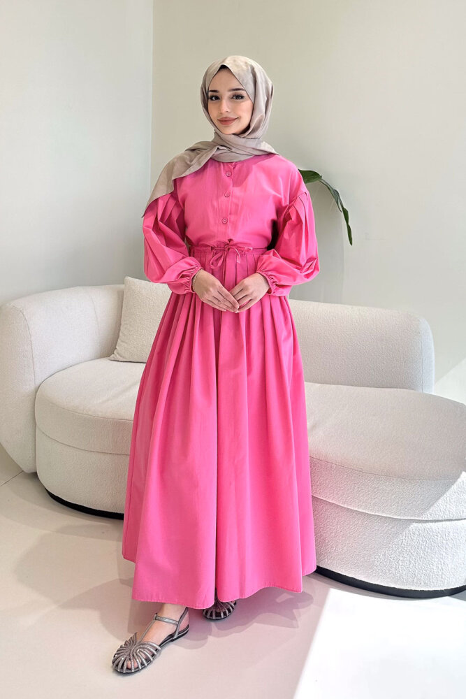 Düğmeli Bel Büzgülü Elbise - Pembe - 8