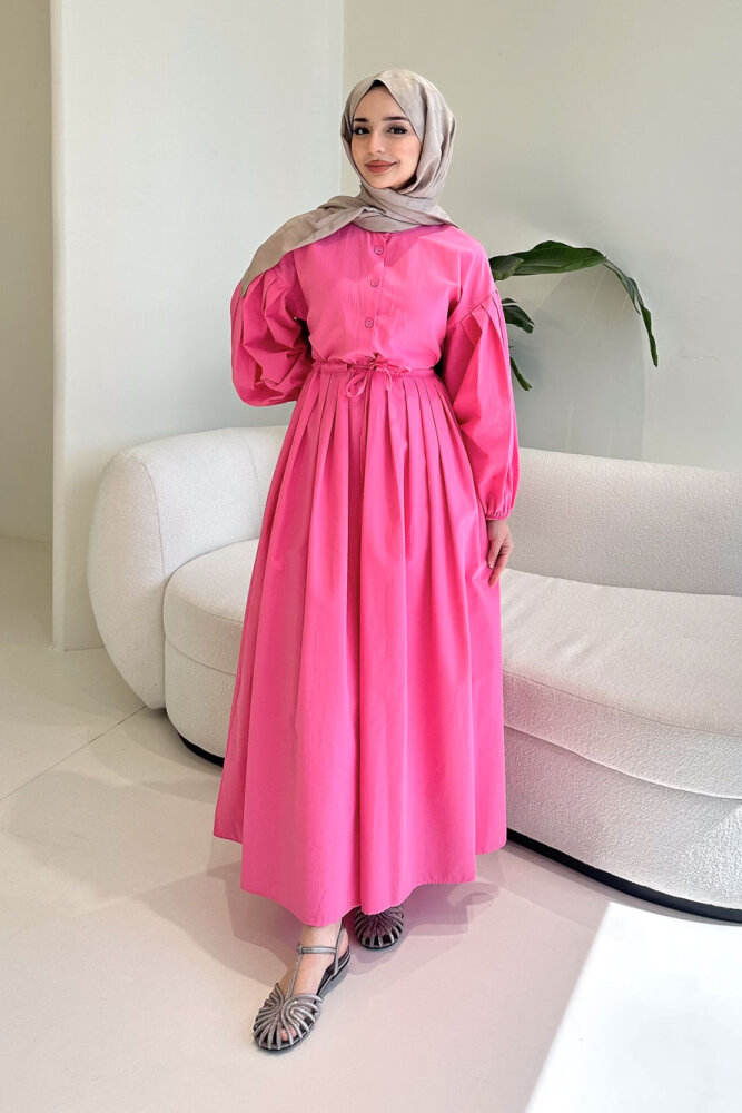 Düğmeli Bel Büzgülü Elbise - Pembe - 3