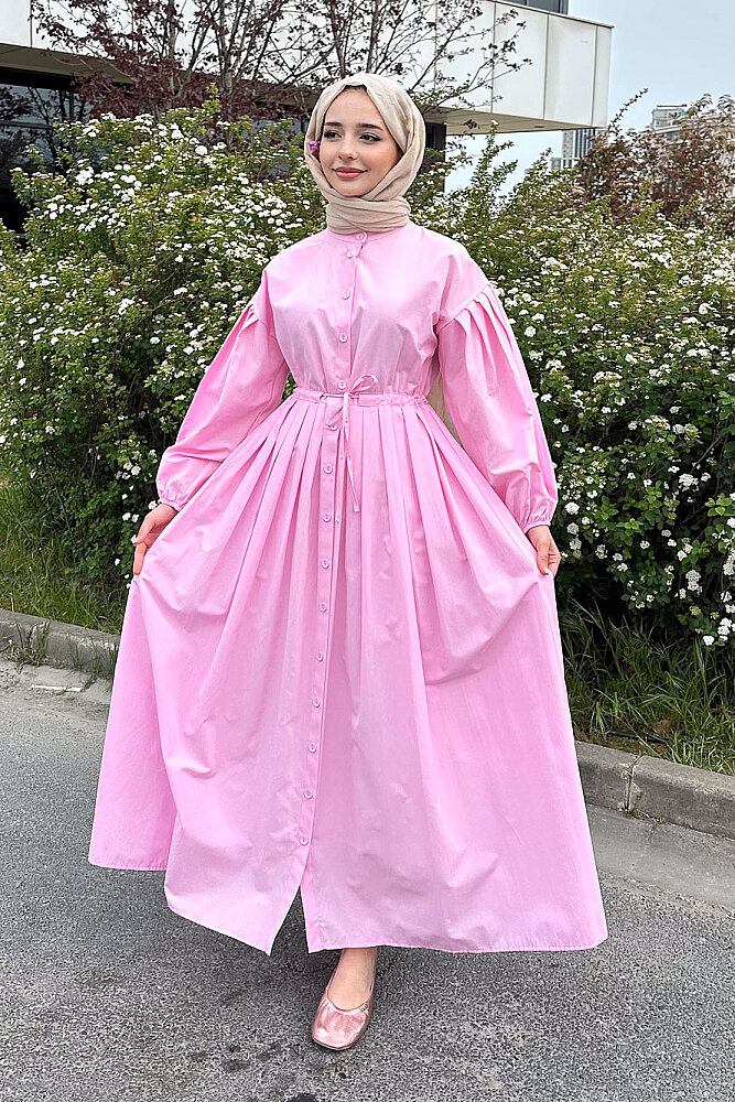 Düğmeli Bel Büzgülü Elbise - Pembe - LİNE (1)