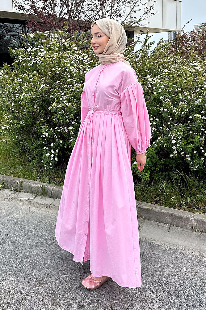 Düğmeli Bel Büzgülü Elbise - Pembe - LİNE (3)