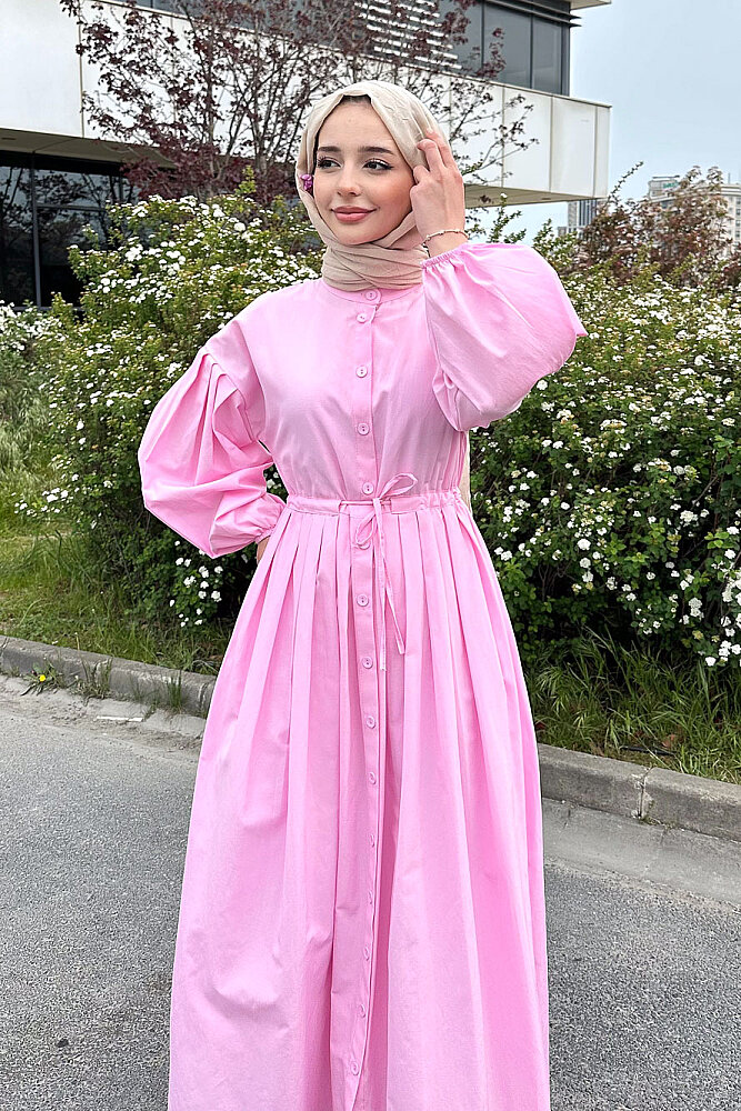 Düğmeli Bel Büzgülü Elbise - Pembe - LİNE (4)
