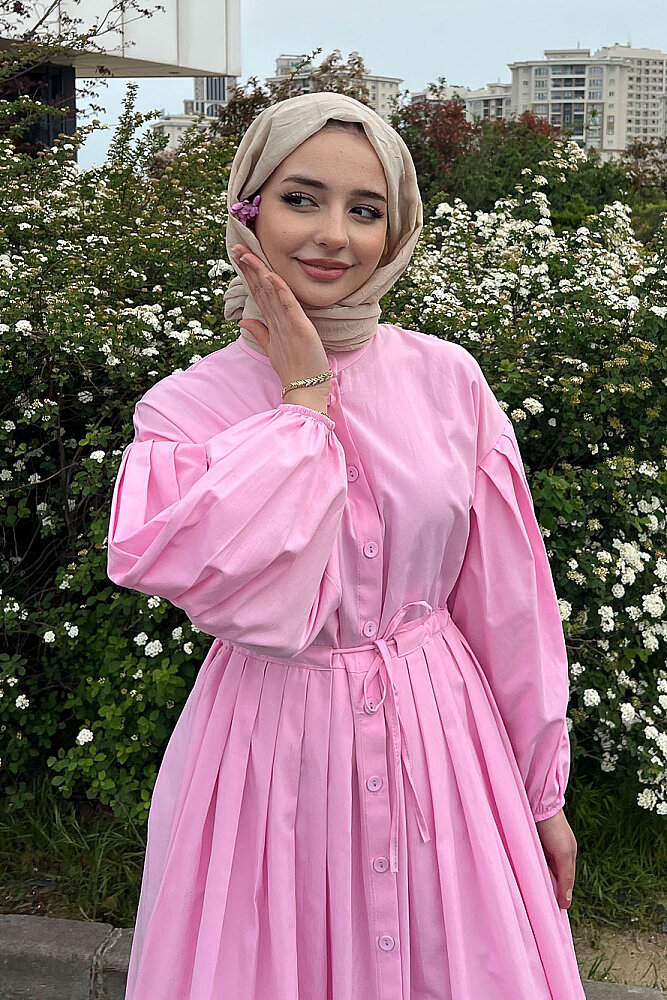 Düğmeli Bel Büzgülü Elbise - Pembe - LİNE (0)