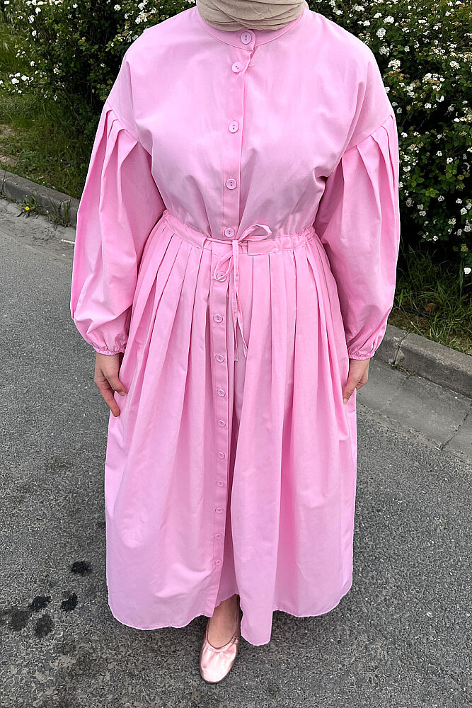 Düğmeli Bel Büzgülü Elbise - Pembe - LİNE (2)