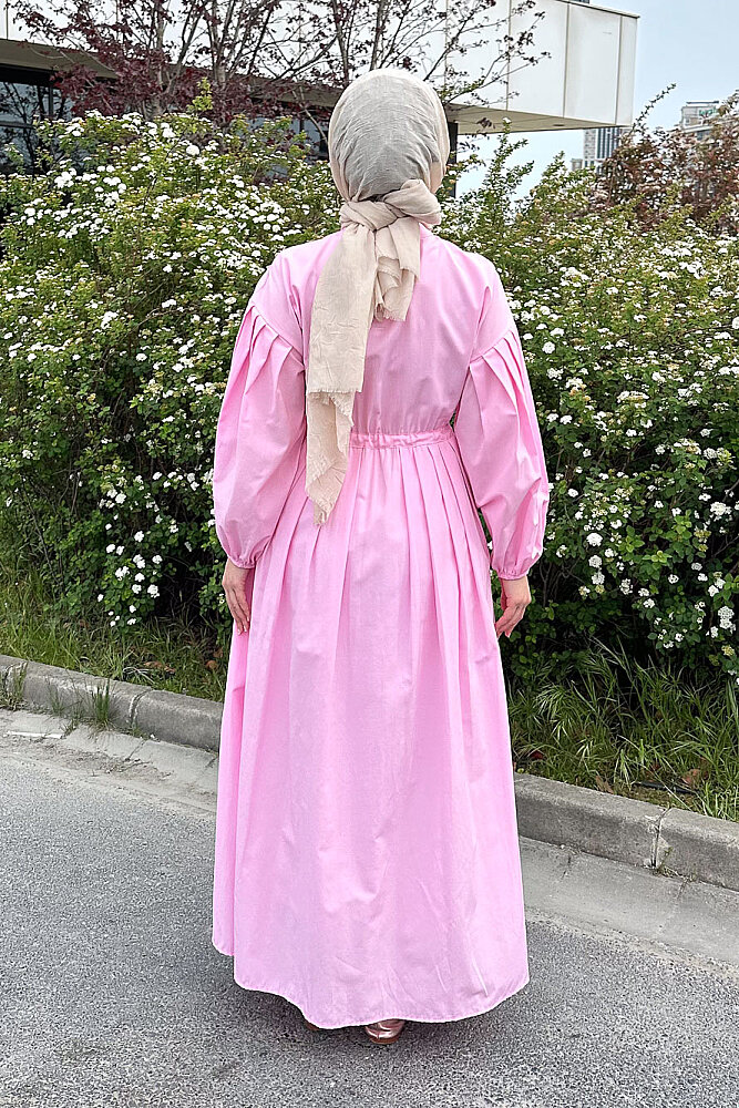 Düğmeli Bel Büzgülü Elbise - Pembe - LİNE (5)