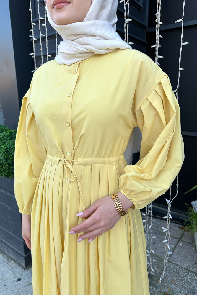 Düğmeli Bel Büzgülü Elbise - Sarı - 3
