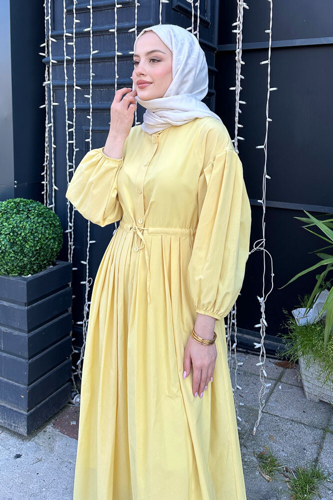 Düğmeli Bel Büzgülü Elbise - Sarı - 4