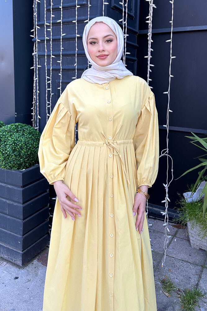 Düğmeli Bel Büzgülü Elbise - Sarı - 7