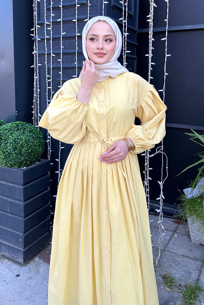 Düğmeli Bel Büzgülü Elbise - Sarı - 2