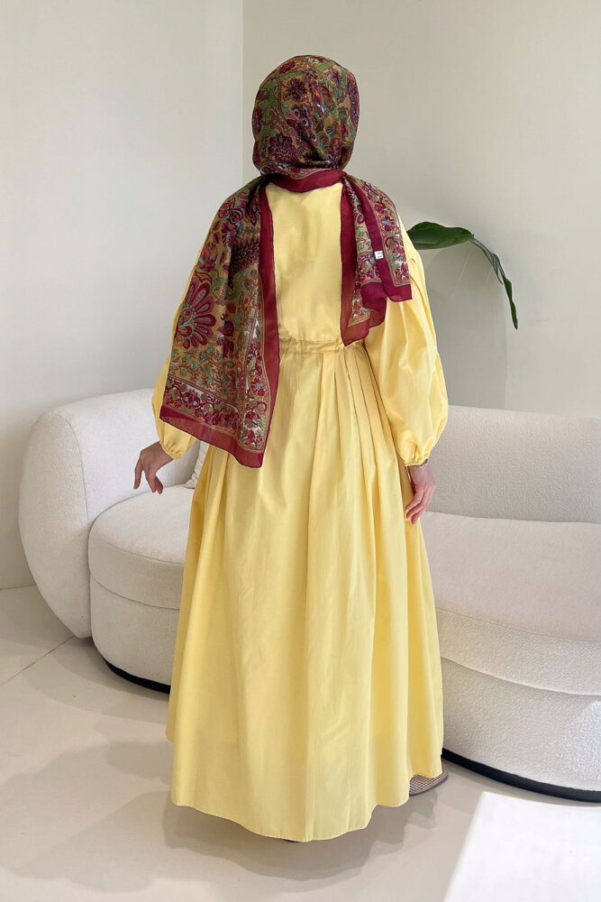 Düğmeli Bel Büzgülü Elbise - Sarı - 8