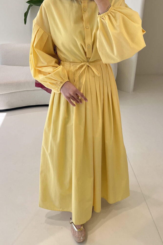 Düğmeli Bel Büzgülü Elbise - Sarı - LİNE (3)