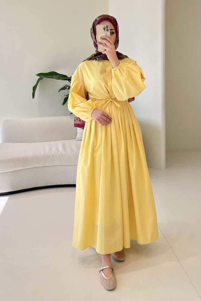 Düğmeli Bel Büzgülü Elbise - Sarı - LİNE (4)