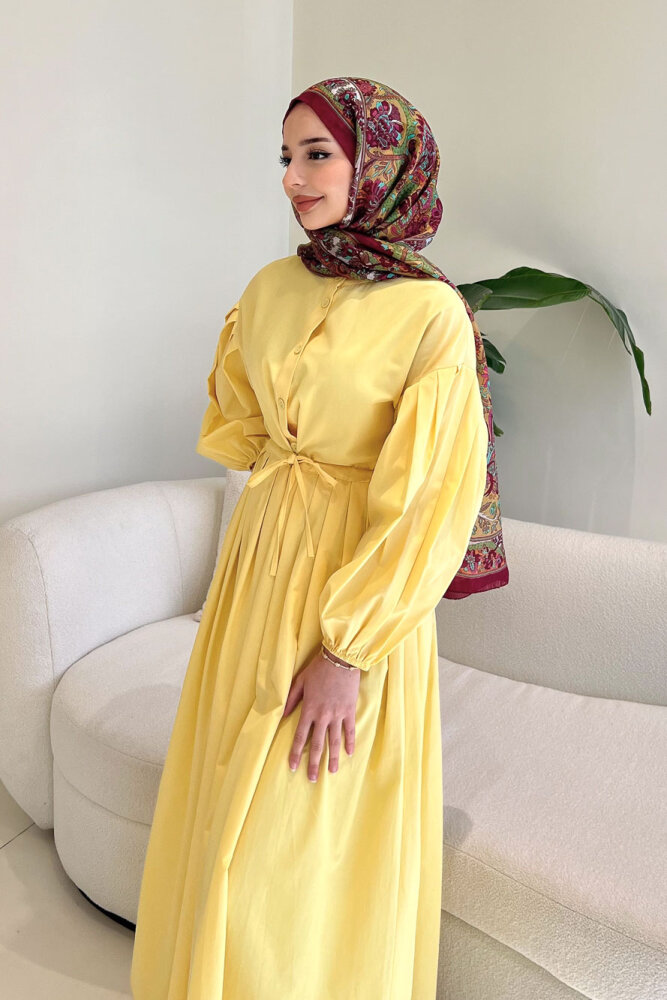 Düğmeli Bel Büzgülü Elbise - Sarı - 6