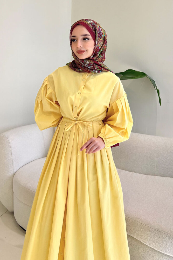 Düğmeli Bel Büzgülü Elbise - Sarı - LİNE (2)