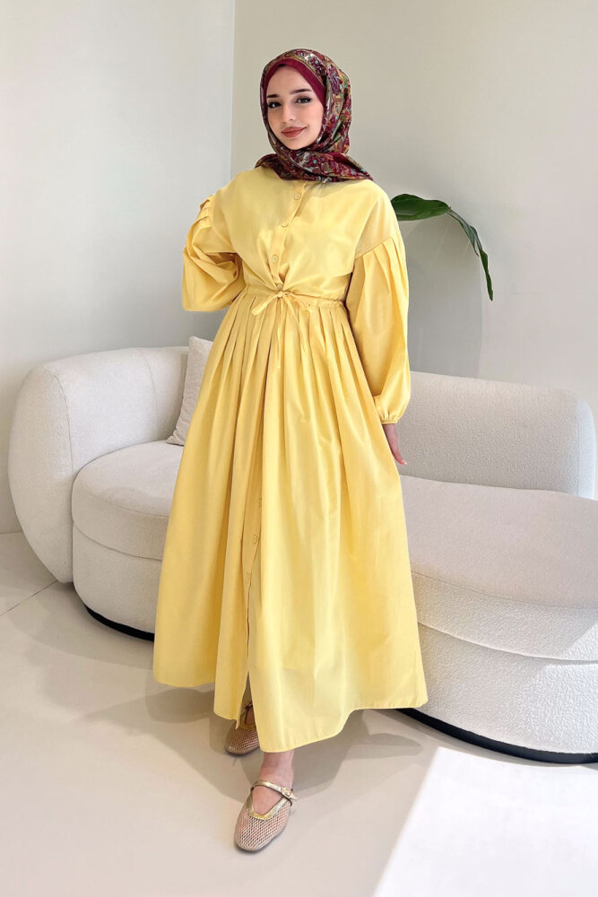 Düğmeli Bel Büzgülü Elbise - Sarı - 7