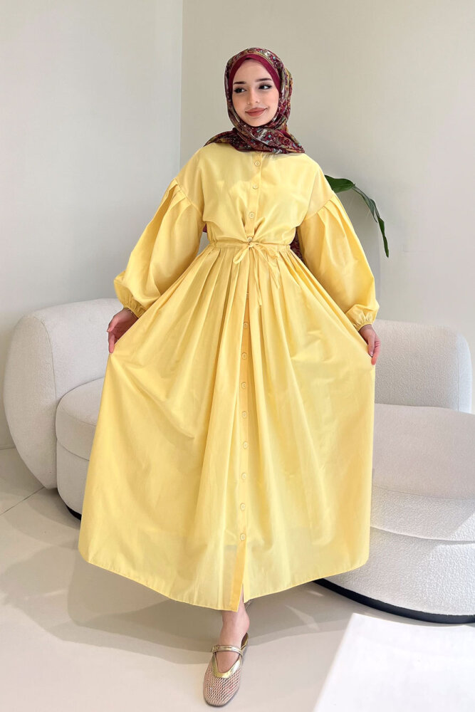 Düğmeli Bel Büzgülü Elbise - Sarı - LİNE (0)