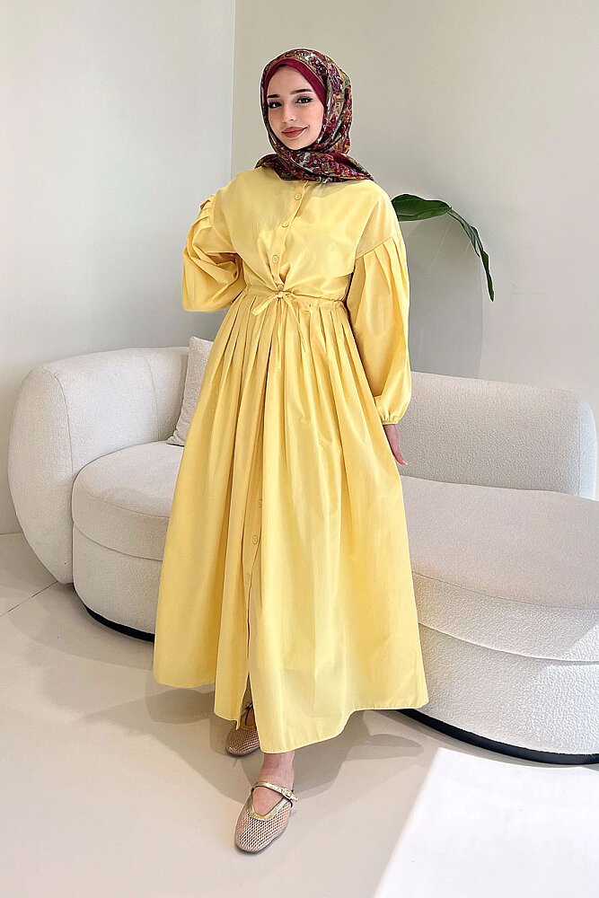 Düğmeli Bel Büzgülü Elbise - Sarı - 6