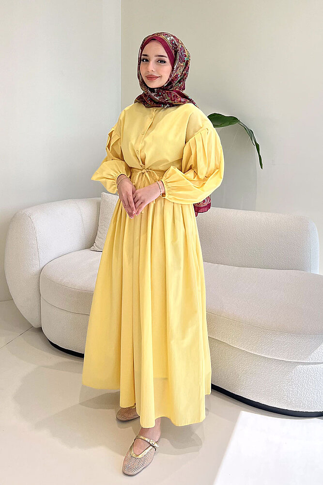 Düğmeli Bel Büzgülü Elbise - Sarı - LİNE (4)