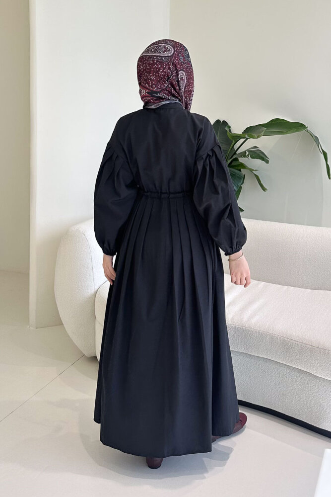 Düğmeli Bel Büzgülü Elbise - Siyah - 10