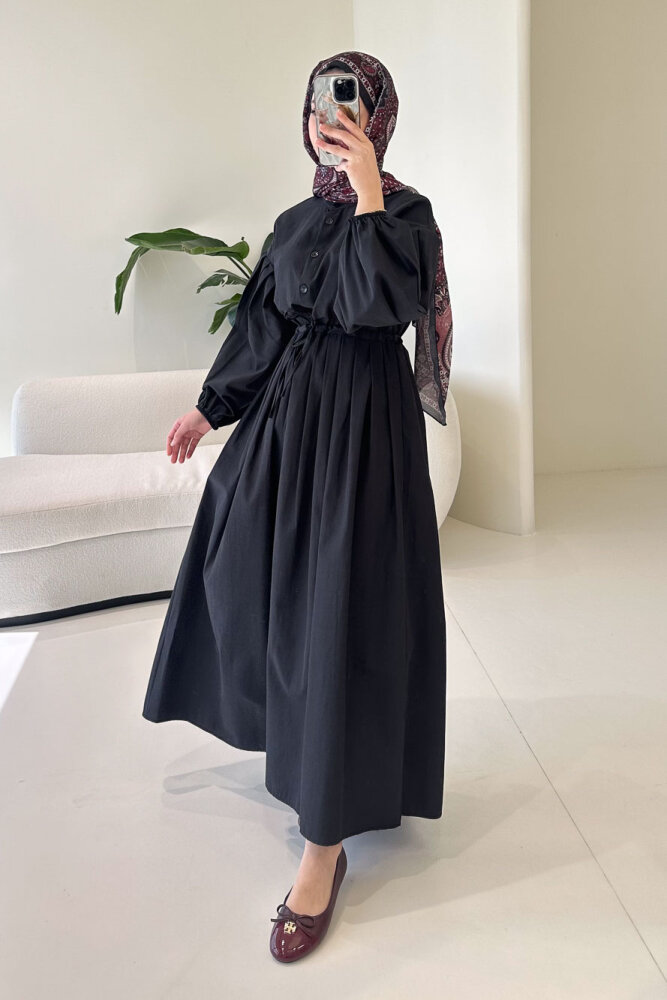 Düğmeli Bel Büzgülü Elbise - Siyah - 4