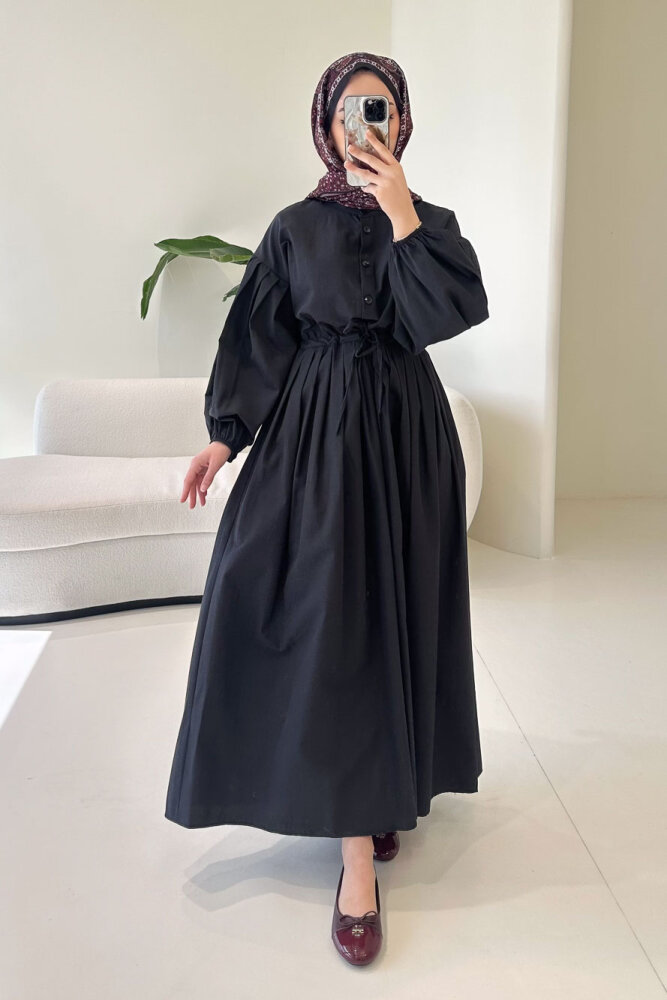 Düğmeli Bel Büzgülü Elbise - Siyah - LİNE (1)