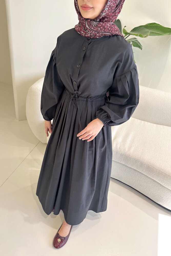 Düğmeli Bel Büzgülü Elbise - Siyah - 6