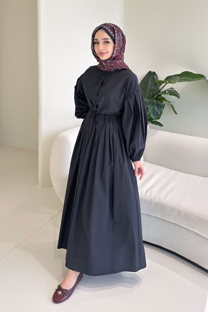 Düğmeli Bel Büzgülü Elbise - Siyah - 5