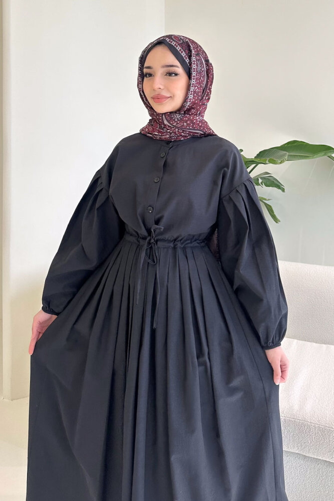 Düğmeli Bel Büzgülü Elbise - Siyah - 7