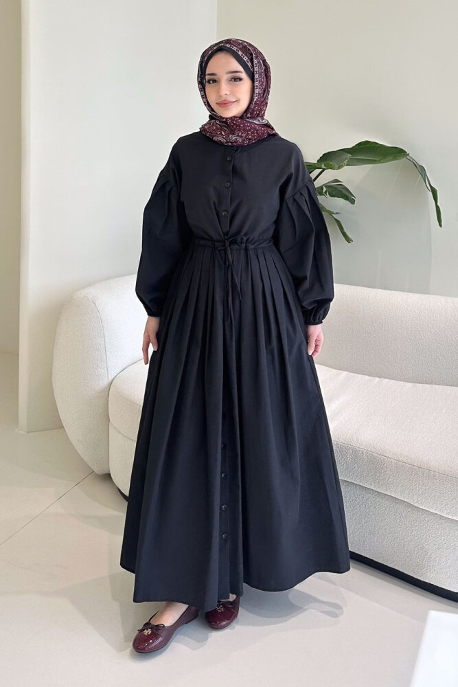Düğmeli Bel Büzgülü Elbise - Siyah - 8